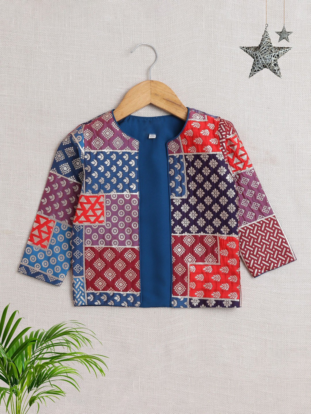 

The Magic Wand Girls Floral Polyester Crop Open Front Jacket with Embroidered, Navy blue