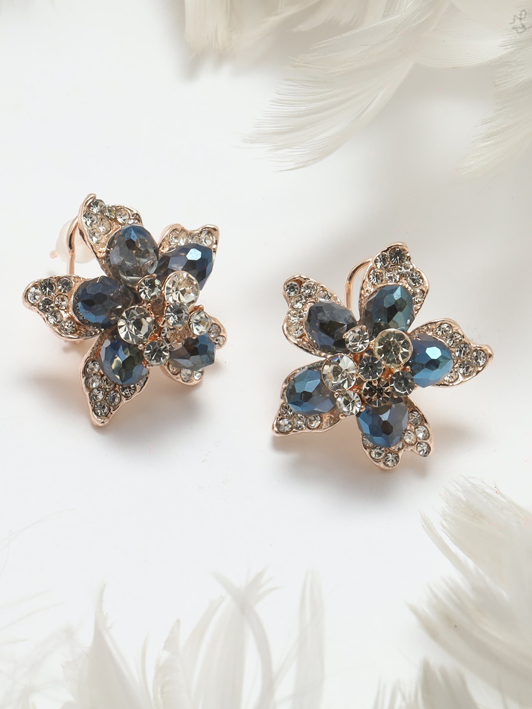 

Maansh Contemporary Rose Gold-Plated Artificial Stones Studded Studs Earrings, Blue