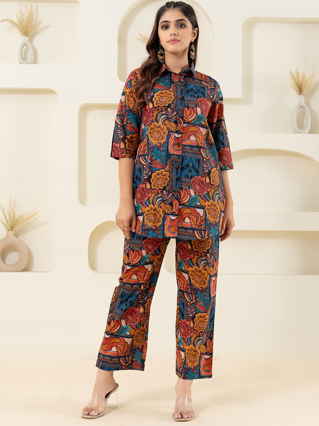 

GULABOSITABO Floral Printed Pure Cotton Shirt With Trousers, Blue