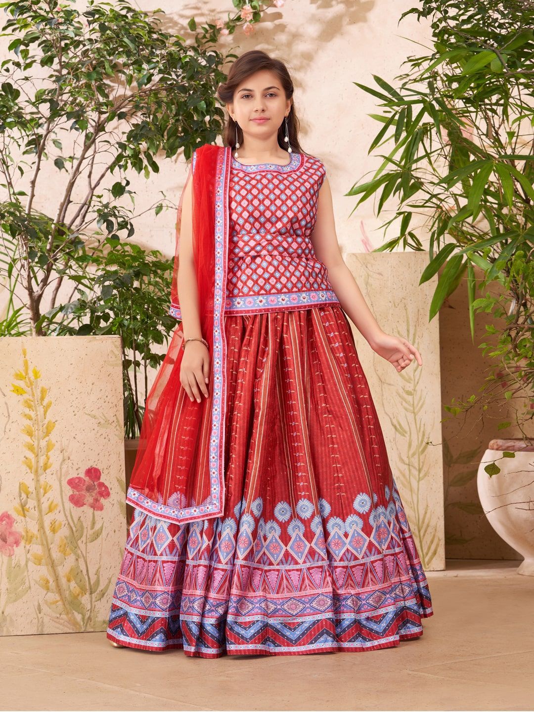 

BAESD Girls Embellished Beads and Stones Ready to Wear Lehenga & Blouse With Dupatta, Red