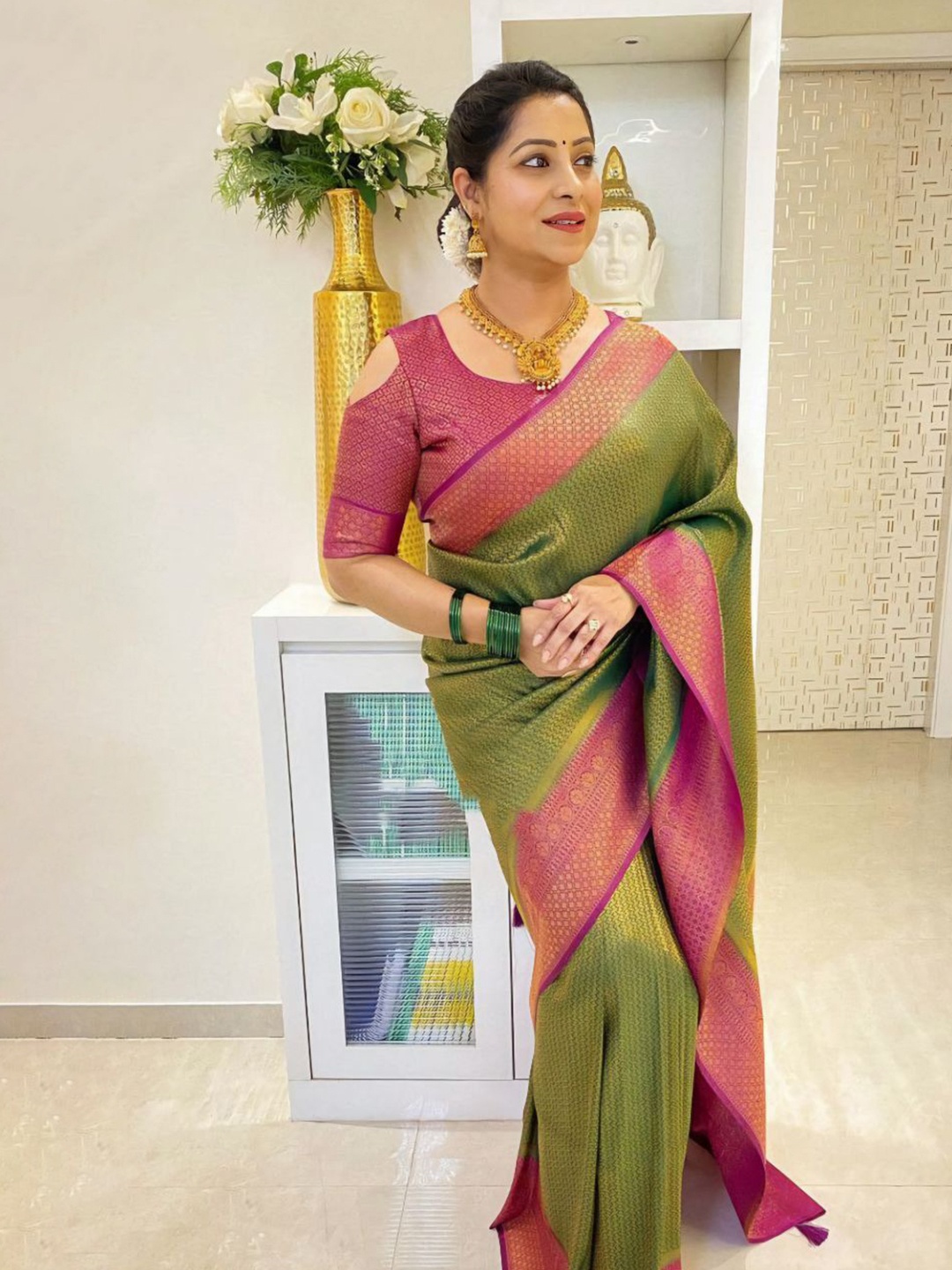 

Wuxi Woven Design Pure Silk Banarasi Saree, Olive