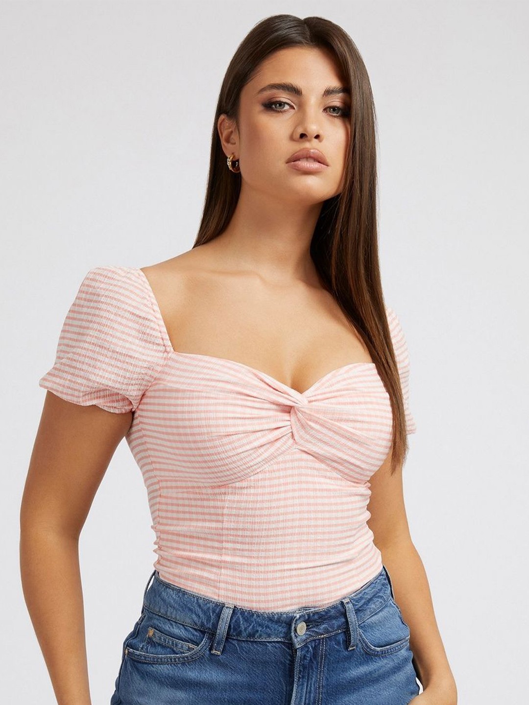 

GUESS Striped Sweetheart Neck Puff Sleeve Crop Top, Pink