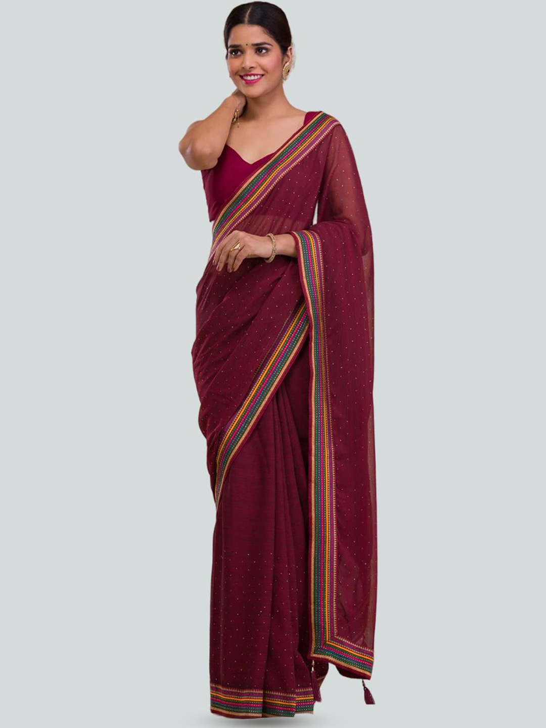 

SWADESI STUFF Embellished Embroidered Pure Georgette Saree, Maroon