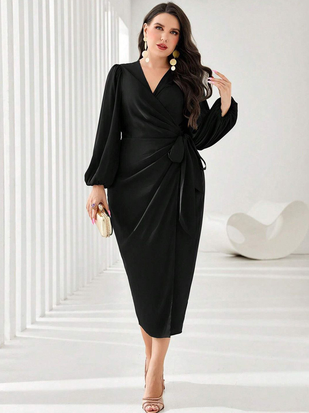 

JC Mode Women V-Neck Long Puff Sleeves Wrap Midi Dress, Black