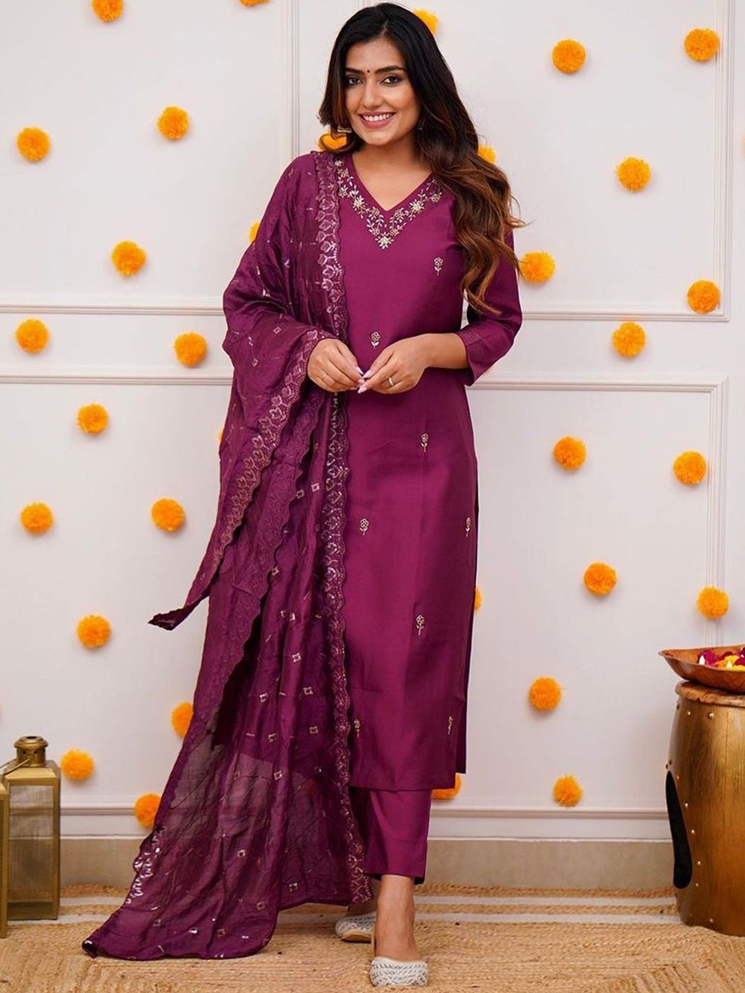 

Lilots Women Floral Embroidered Regular Kurta with Trousers & With Dupatta, Violet