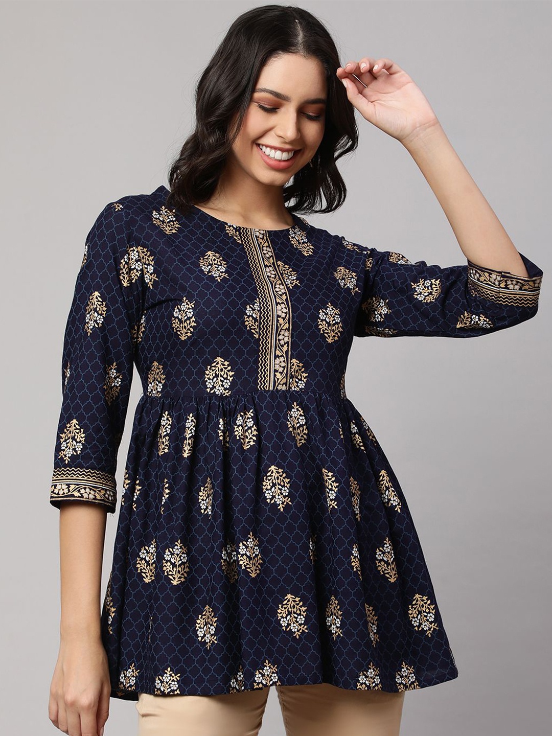 

Viharini Floral Printed Kurti, Navy blue