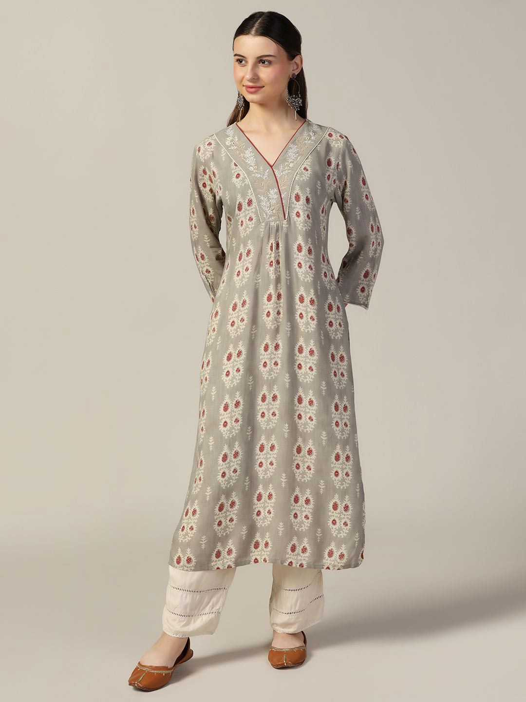 

Mustard Printed Straight Kurta, Grey