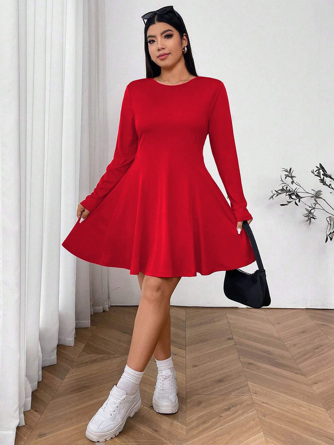 

JC Mode Women Round Neck Long Sleeves Fit & Flare Above Knee Dress, Red