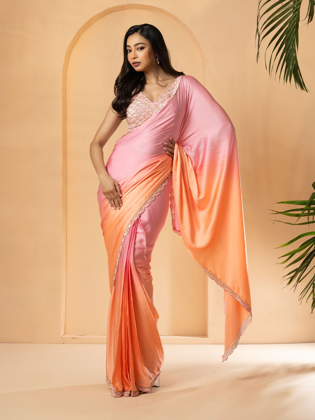

Quench A Thirst Pure Georgette Ready to Wear Saree, Peach