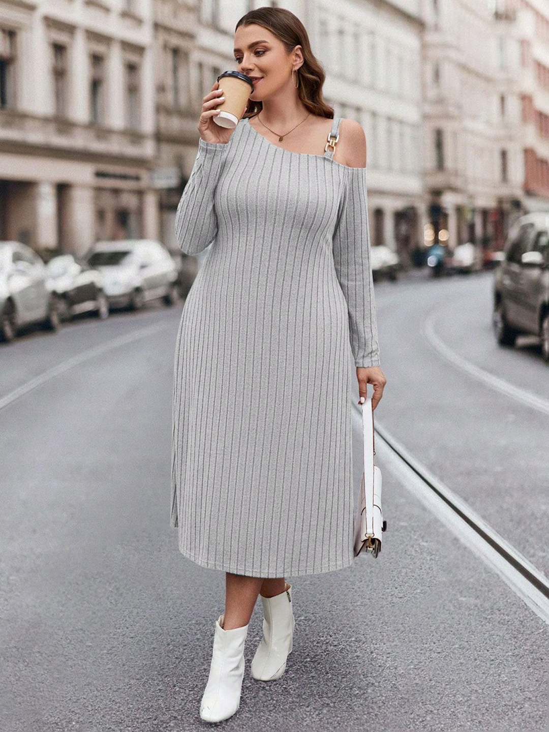 

JC Mode Women Striped A-Line Midi Dress, Grey