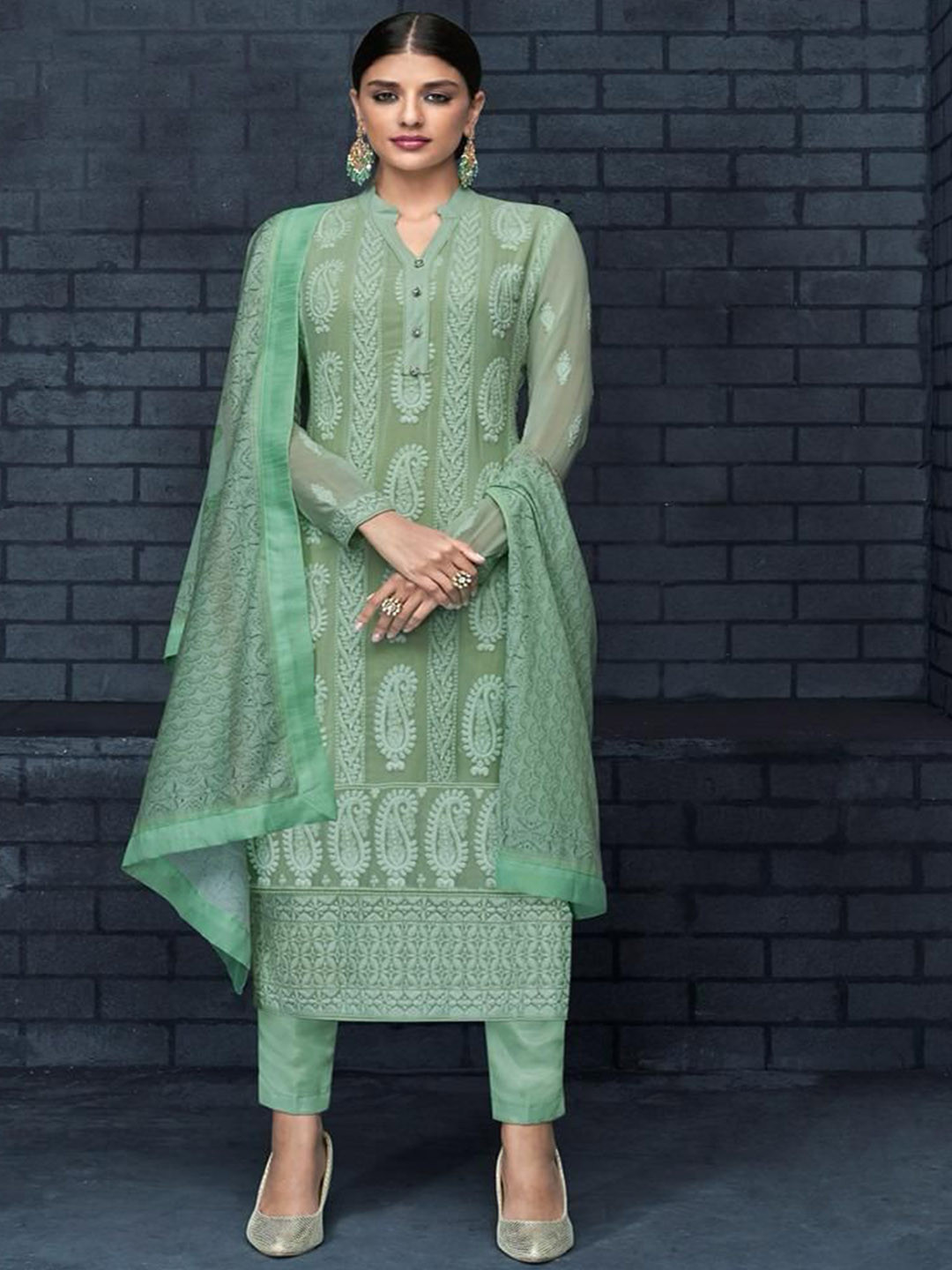 

Jaipur Kurti Embroidered Silk Georgette Semi-Stitched Dress Material, Sea green