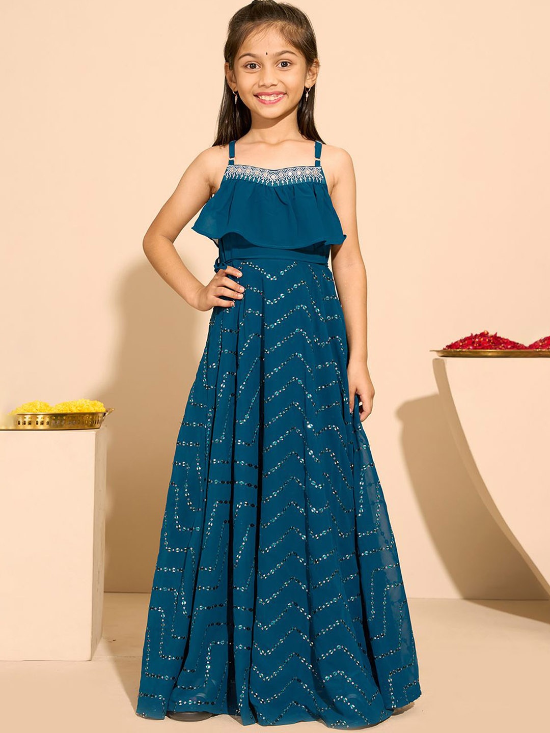 

Maybell Girls Solid Embellished Georgette A-line Ethnic Dress, Teal