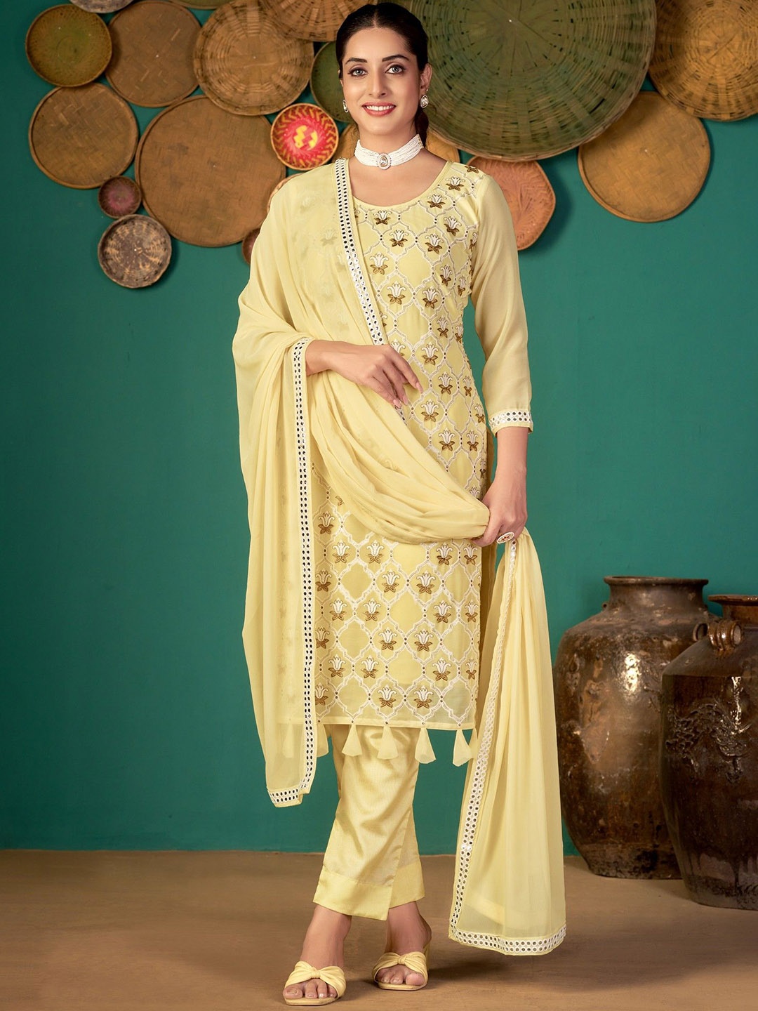 

VARNI FABRICS Embellished Silk Georgette Semi-Stitched Dress Material, Yellow