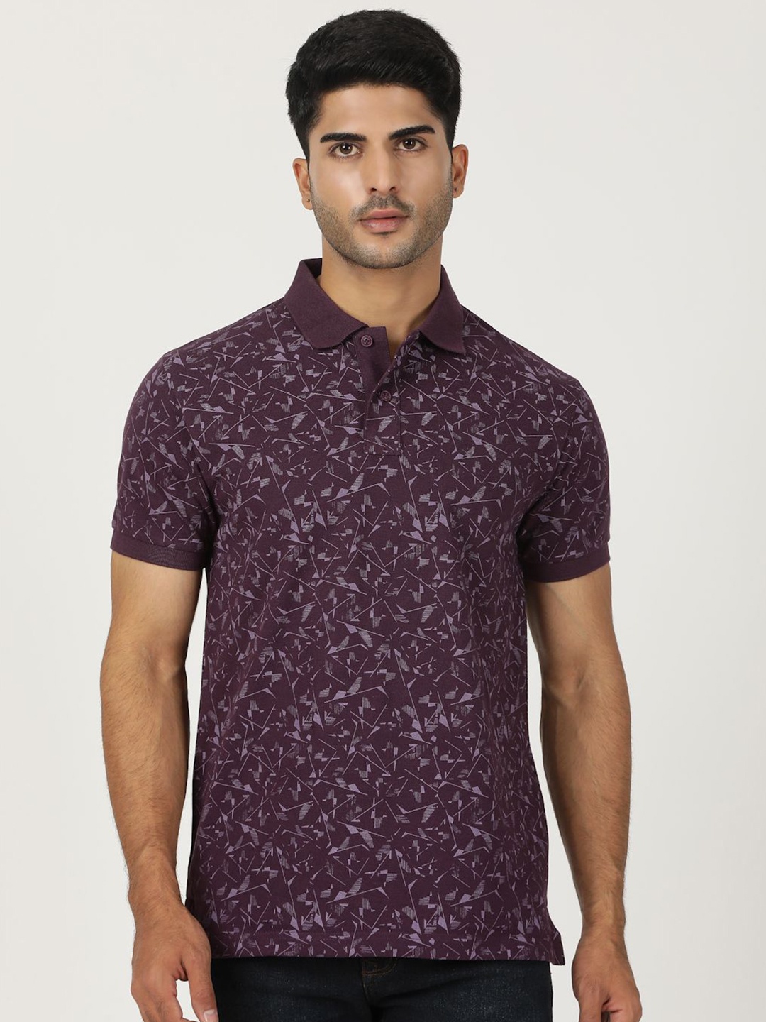 

Greenfibre Men Abstract Printed Slim Fit Polo Collar Casual T-shirt, Burgundy
