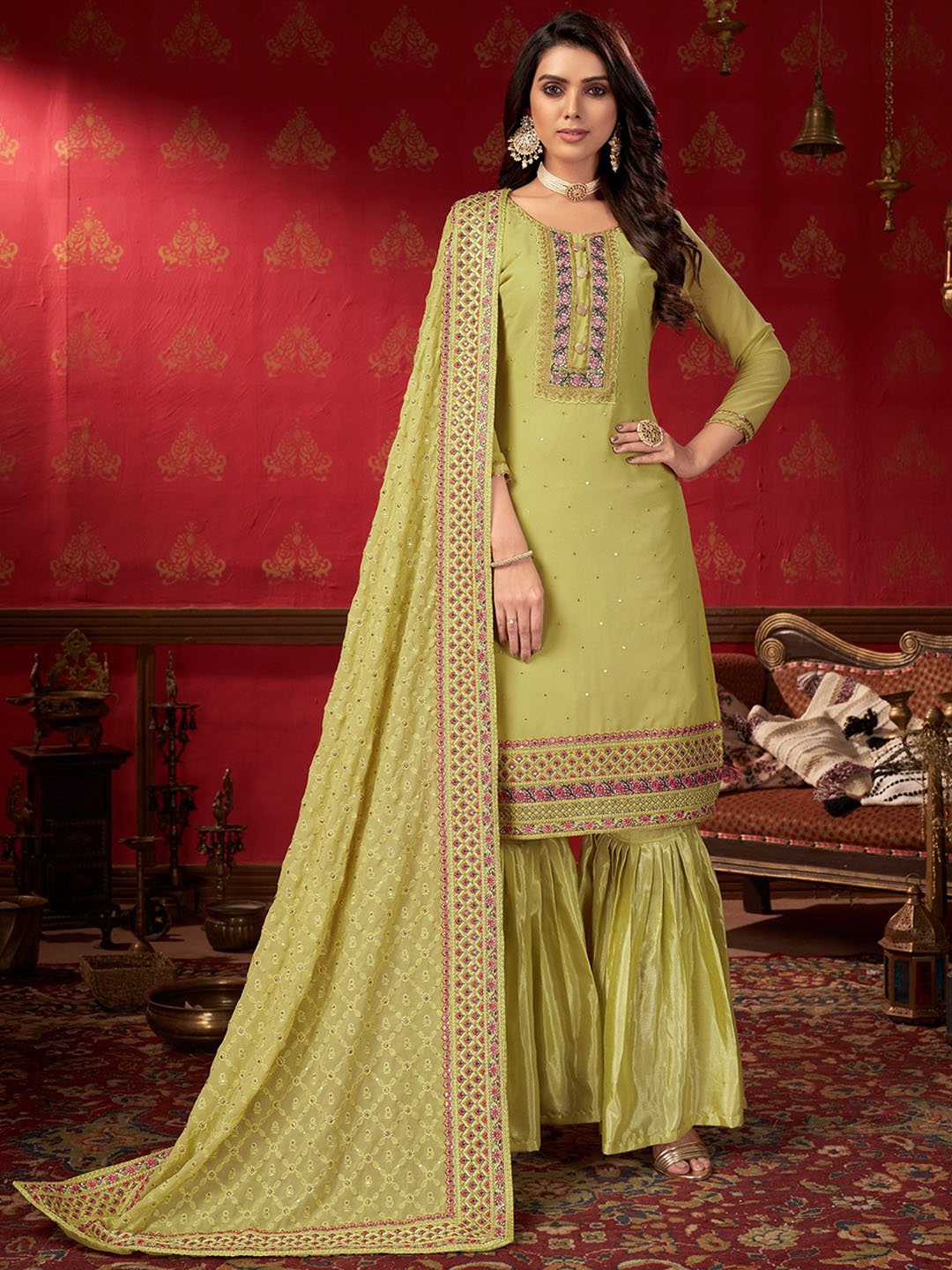 

VARNI FABRICS Embellished Silk Georgette Semi-Stitched Dress Material, Lime green