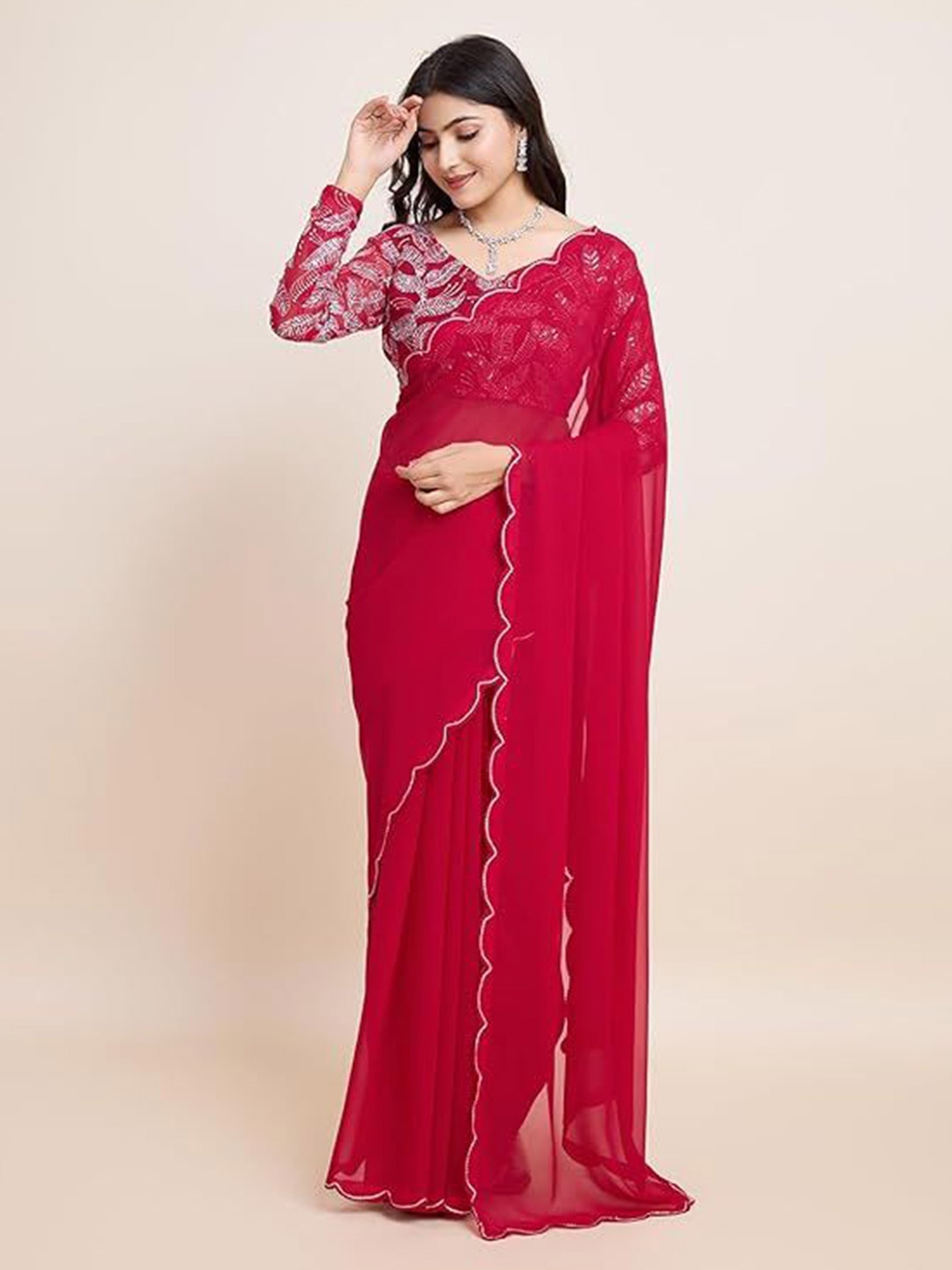 

SWADESI STUFF Embellished Embroidered Pure Georgette Saree, Red