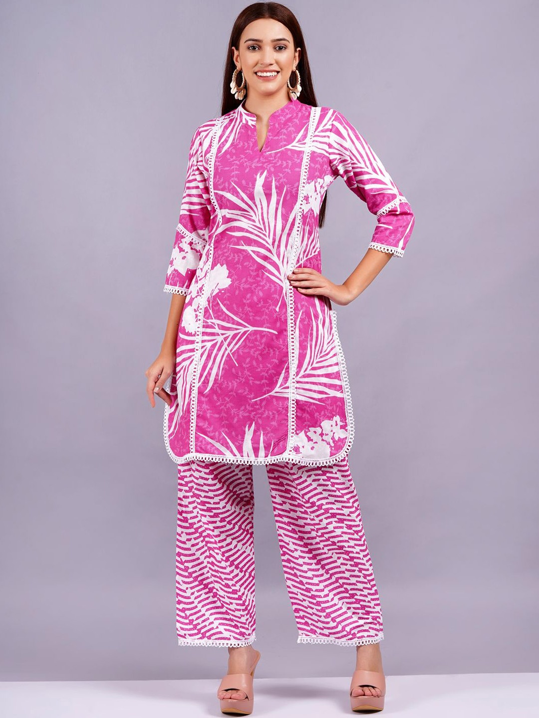 

JC4U Mandarin Collar Printed Pure Cotton Tunic with Trouser, Pink