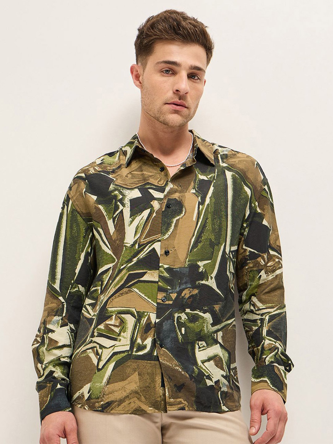 

THE BEAR HOUSE Men Opaque Printed Casual Shirt, Brown