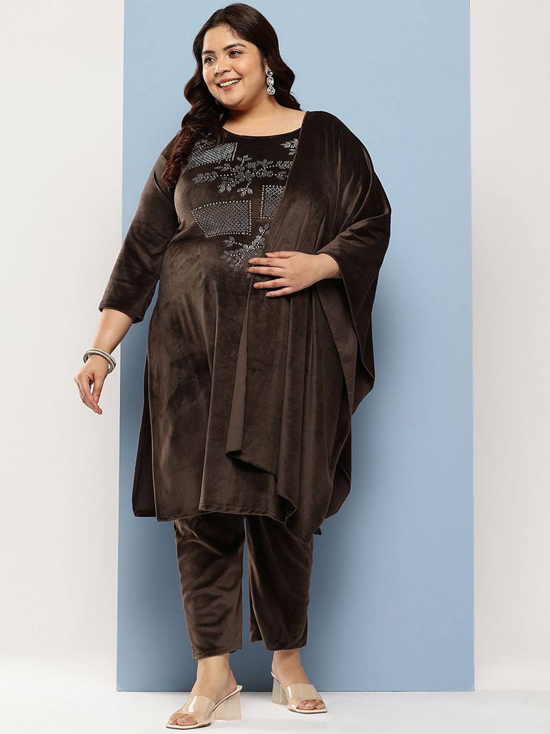 

BAESD Women Ethnic Motifs Embroidered Regular Velvet Kurta with Trousers & With Dupatta, Brown