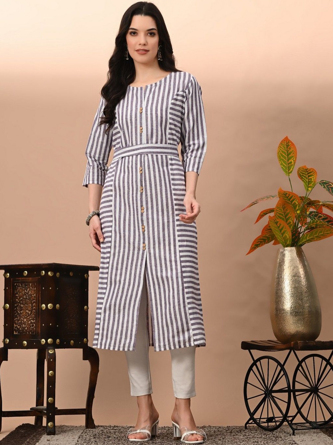 

Kairab Women Striped Flared Sleeves Thread Work Kurta, Brown