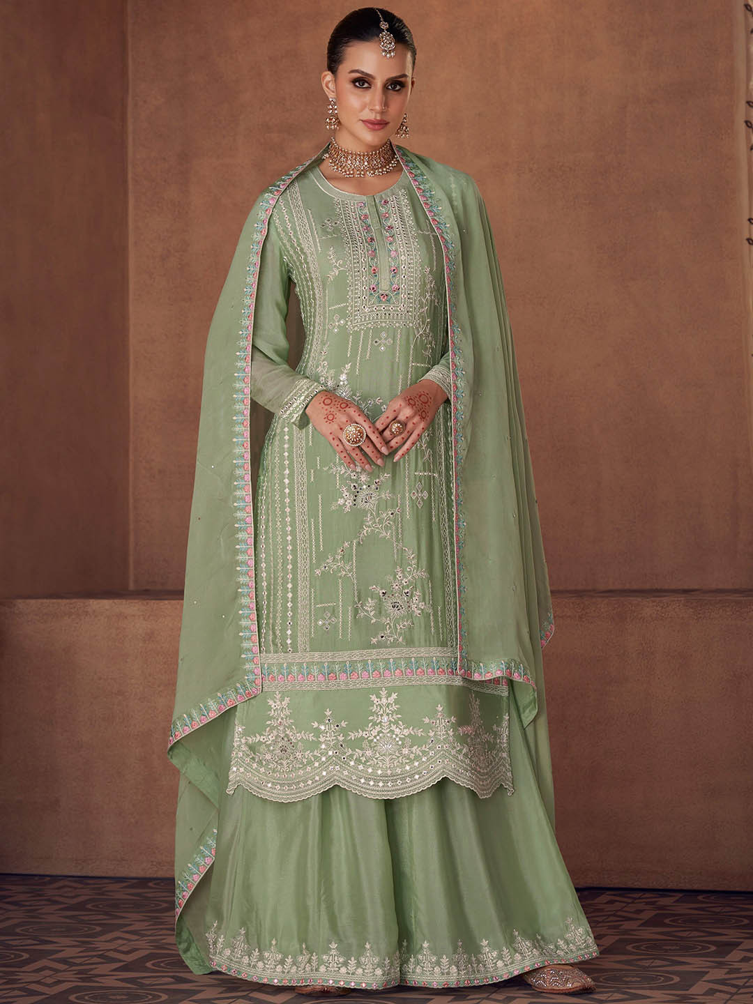 

Jaipur Kurti Embroidered Silk Georgette Semi-Stitched Dress Material, Lime green