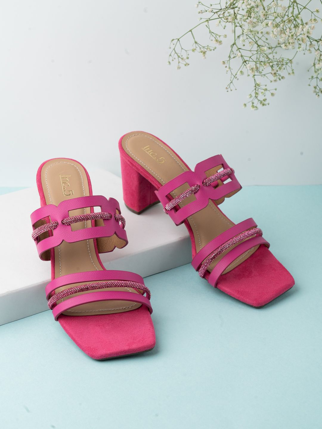 

Inc 5 Embellished Party Square Toe Party Wear Heels Mules, Pink