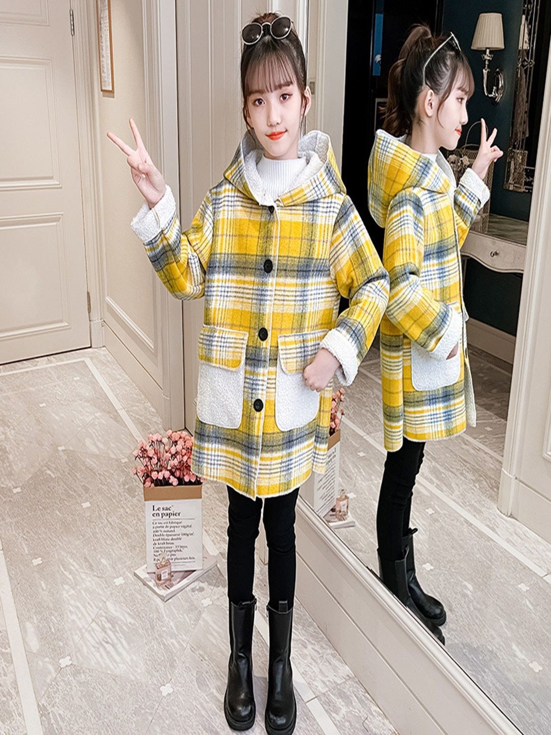 

Xsole Kids Checked Single-Breasted Hooded Overcoat, Yellow