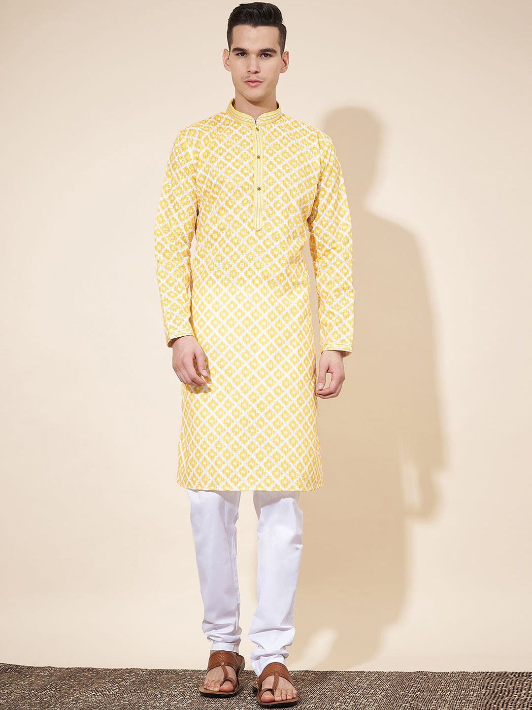 

OUTLUK Men Regular Chikankari Kurta with Trousers, Yellow