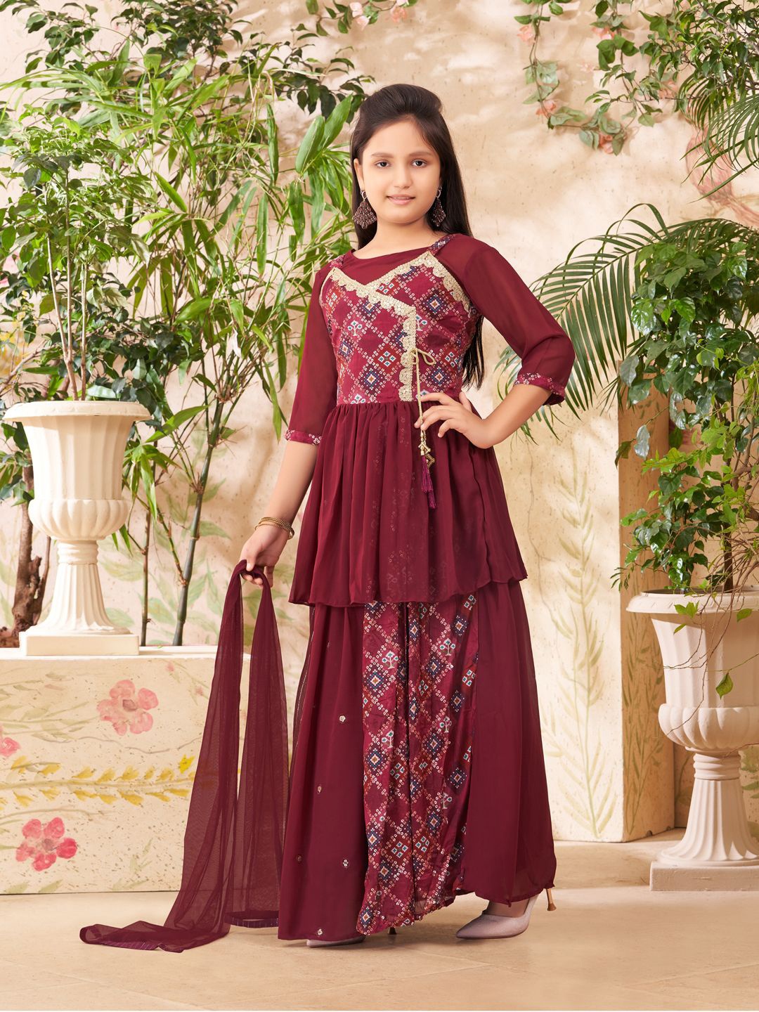 

BAESD Girls Embroidered Ready to Wear Lehenga & Blouse With Dupatta, Burgundy