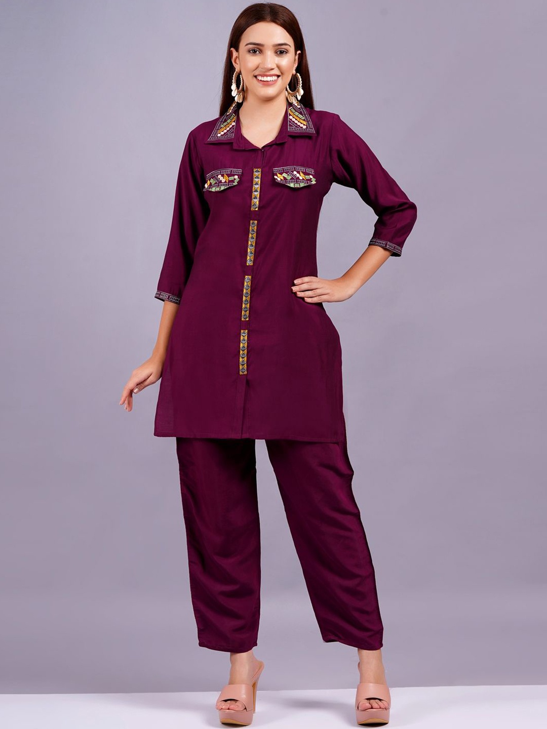 

JC4U Shirt Collar Embroidered Tunic with Trouser, Maroon