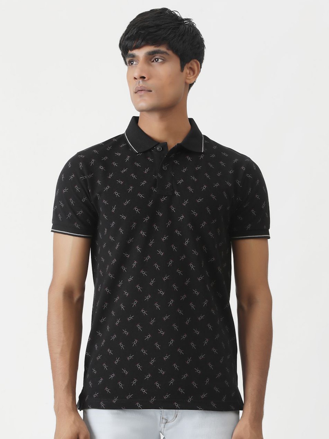 

Greenfibre Men Conversational Printed Slim Fit Polo Collar Casual T-shirt, Black
