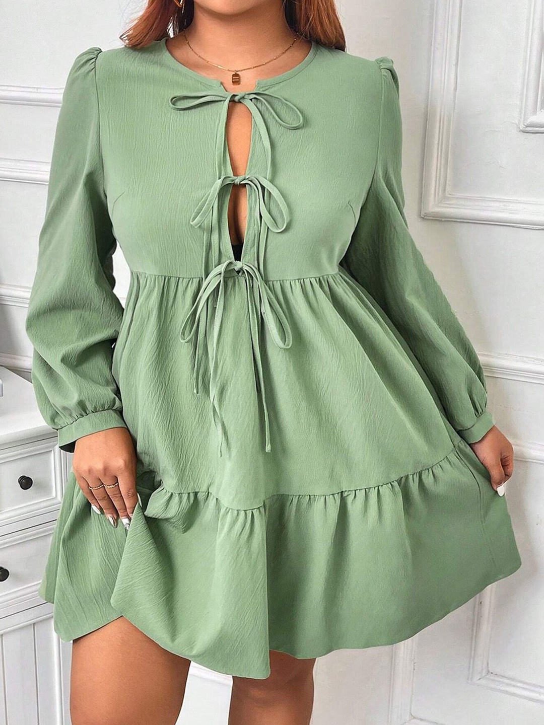 

JC Mode Women Plus Size Tie-Up Neck Cuffed Sleeve Fit and Flare Dress, Green