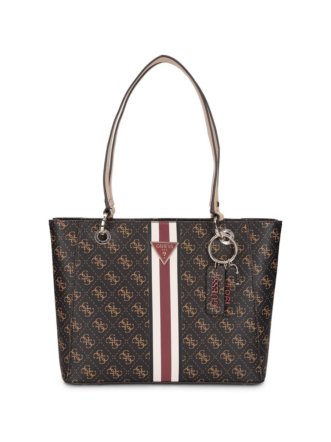 

GUESS Printed PU Structured Tote Bag with Tasselled, Brown