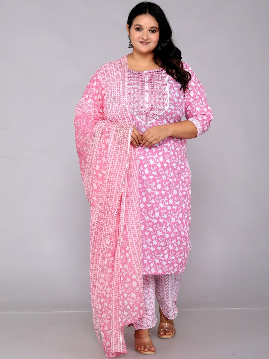 

JC4U Women Ethnic Motifs Printed Regular Mirror Work Pure Cotton Kurta with Trousers & With Dupatta, Pink