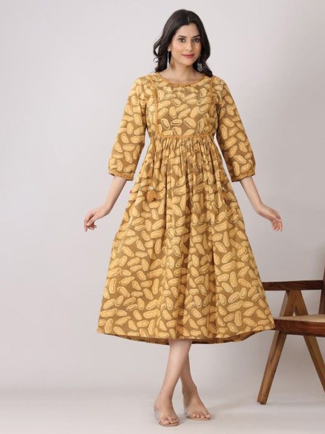 

Chandbaali Ethnic Motifs Print A-Line Midi Dress, Brown