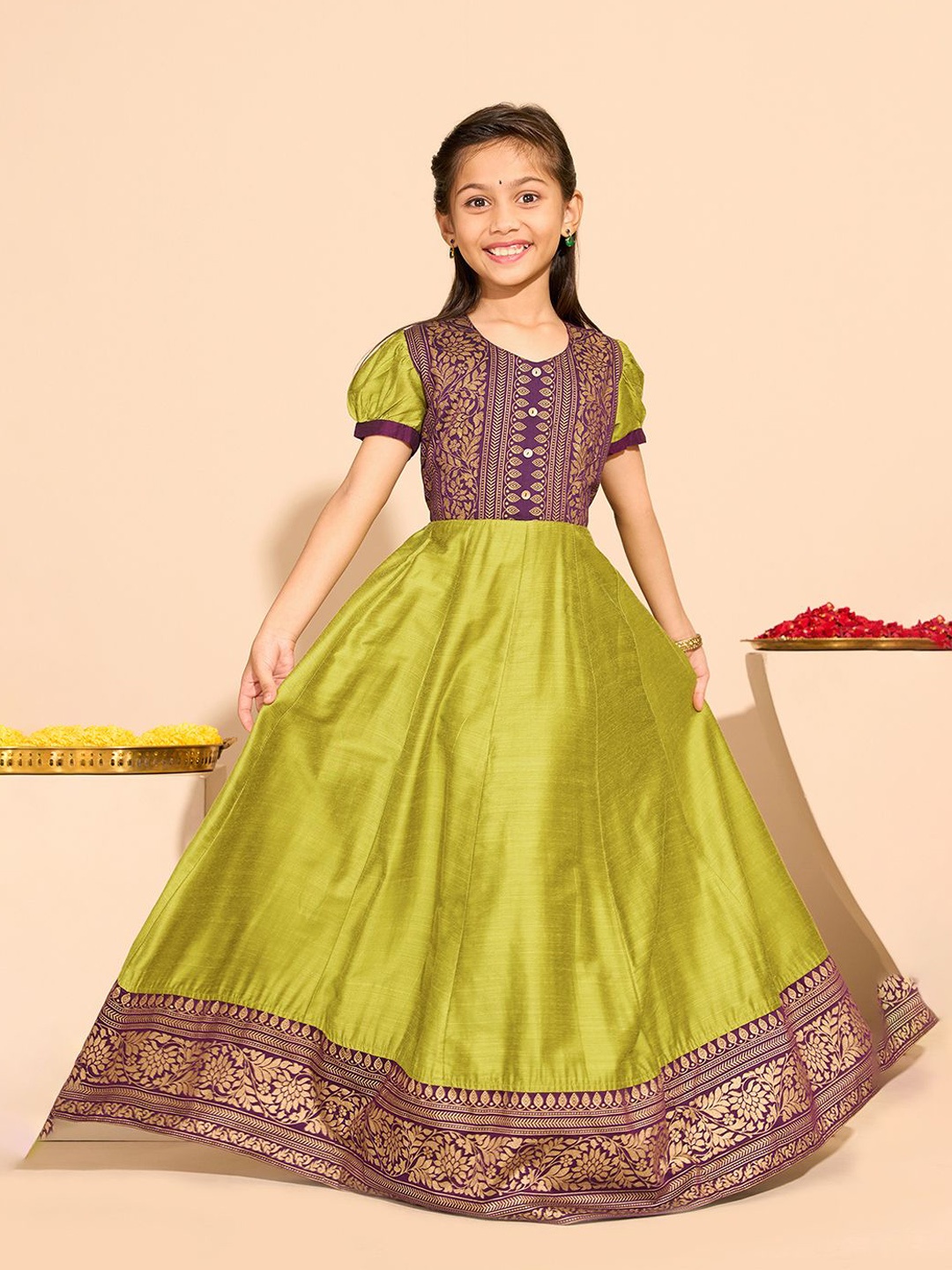 

Maybell Girls Floral Printed A-Line Silk Ethnic Dress, Green