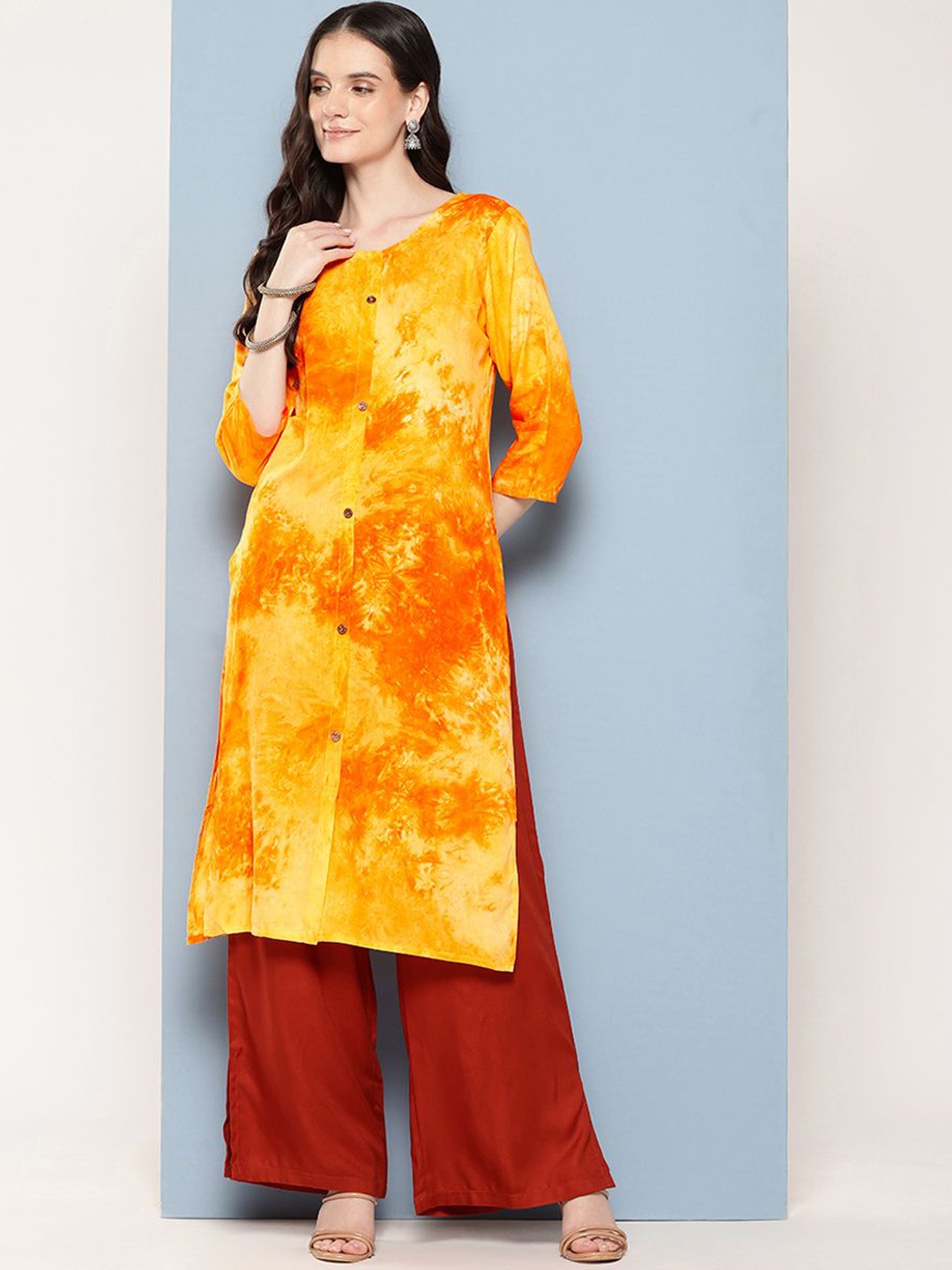 

BAESD Women Printed Mirror Work Kurta, Mustard