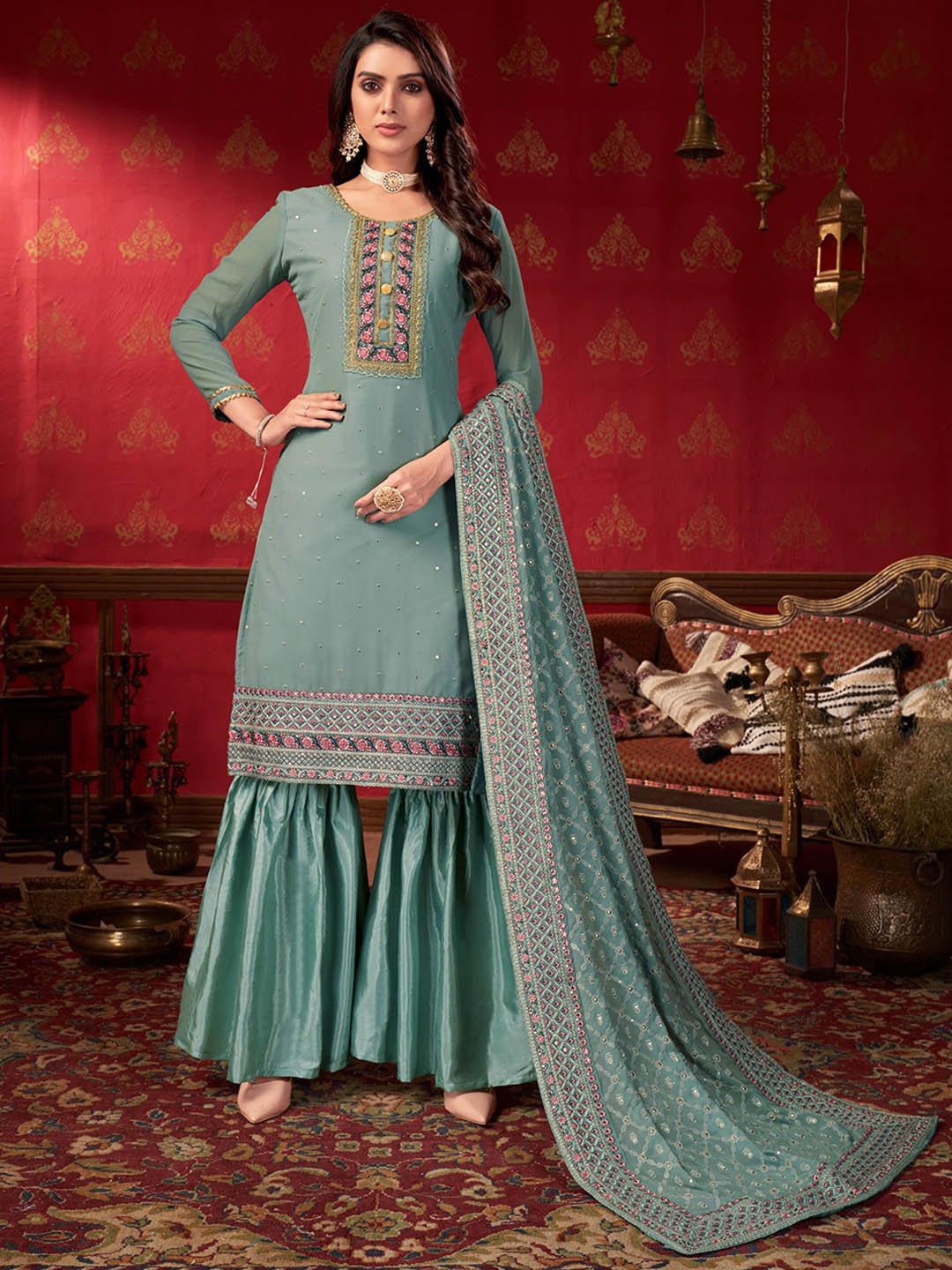 

VARNI FABRICS Embellished Silk Georgette Semi-Stitched Dress Material, Blue