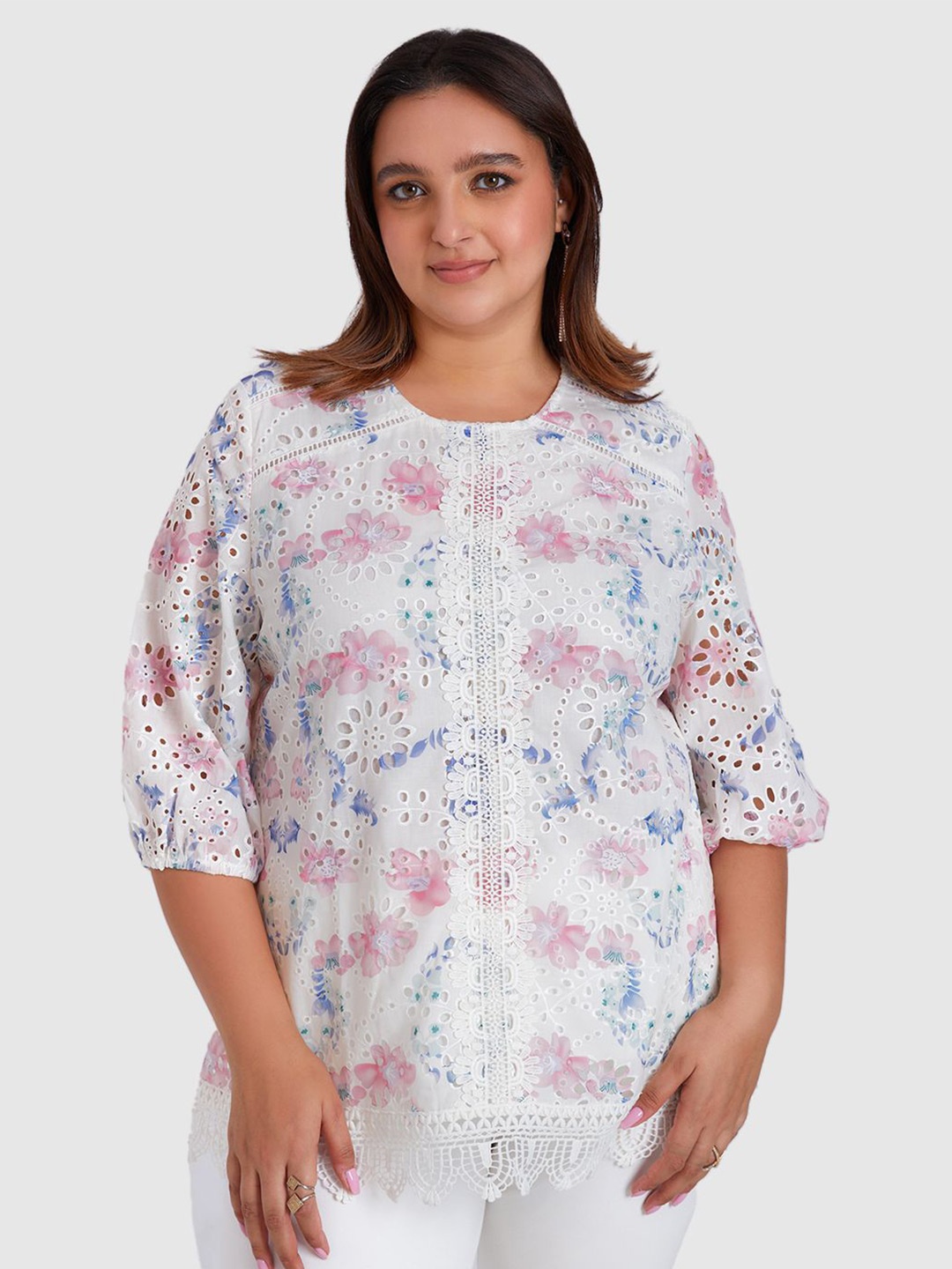 

Presence Floral Print Mandarin Collar Cotton Shirt Style Top, White