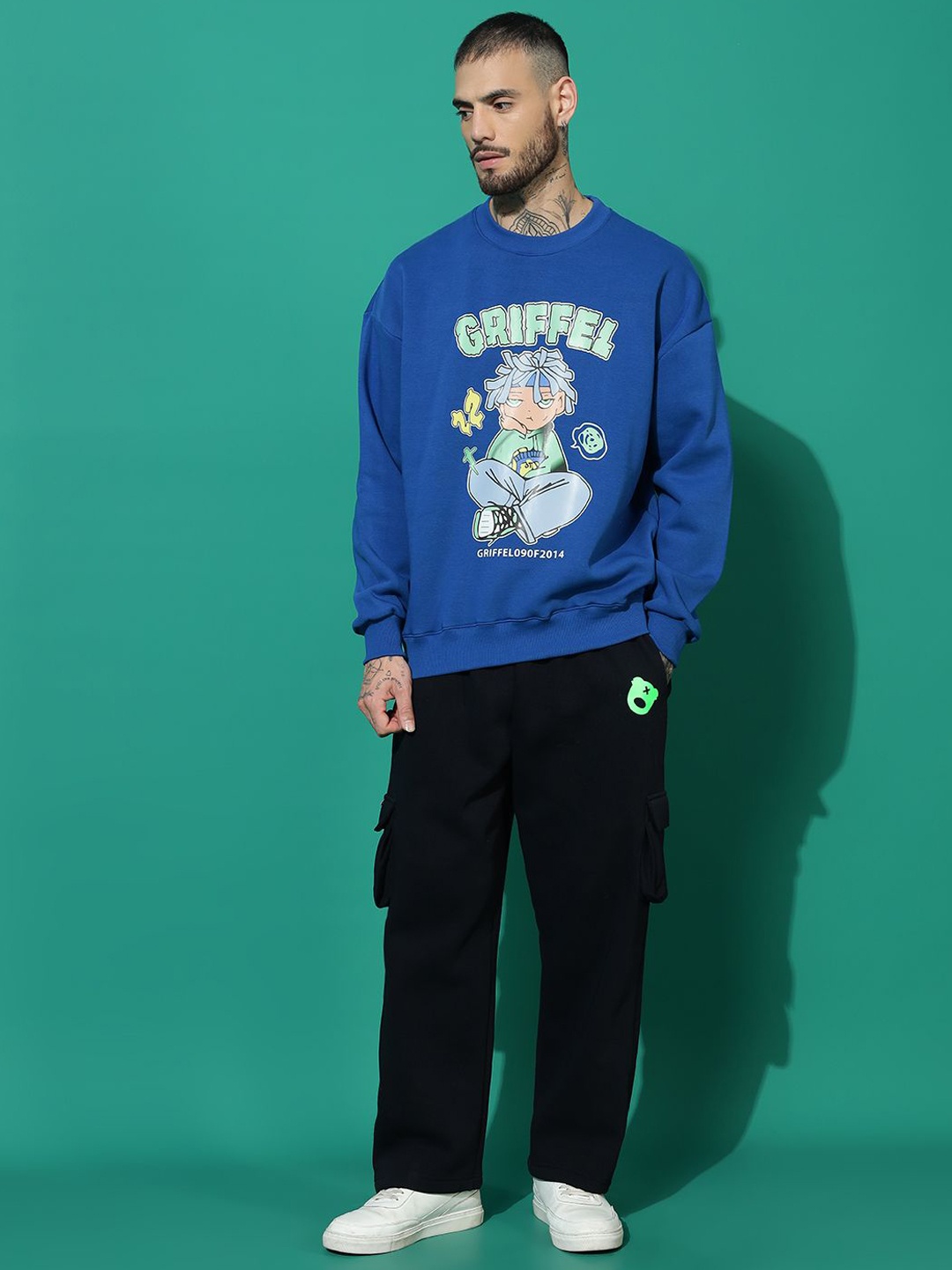 

GRIFFEL Men Printed Oversized Sweatshirt & Trackpants, Blue