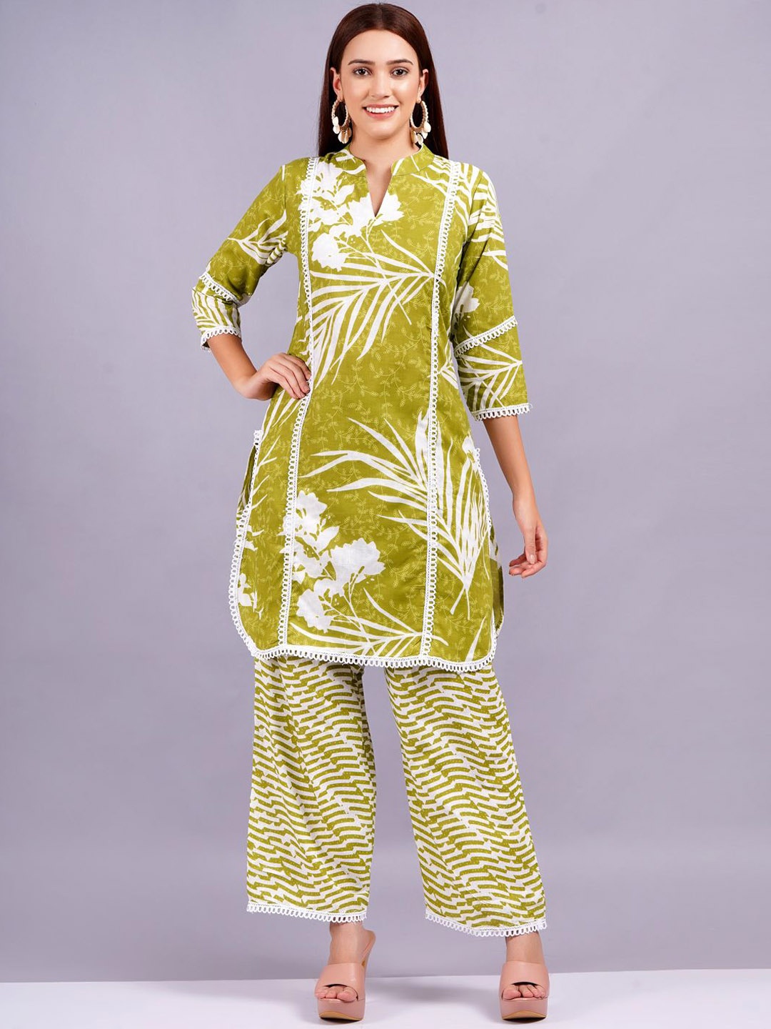 

JC4U Mandarin Collar Printed Pure Cotton Tunic with Trouser, Green