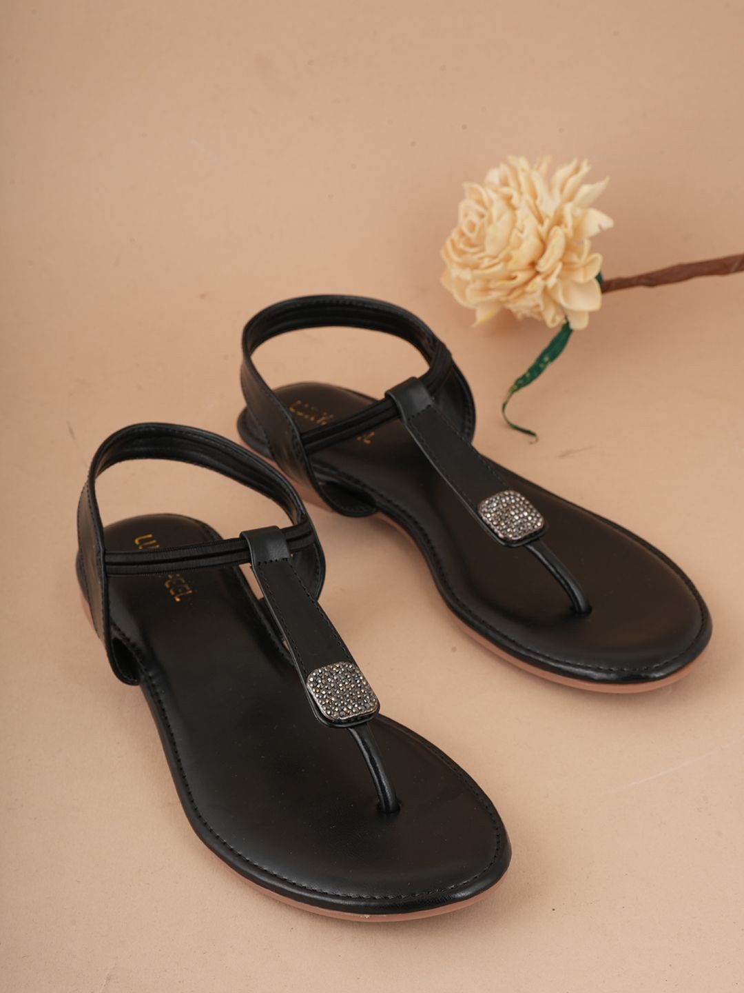 

Luxyfeel Women Embellished T-Strap Flats, Black