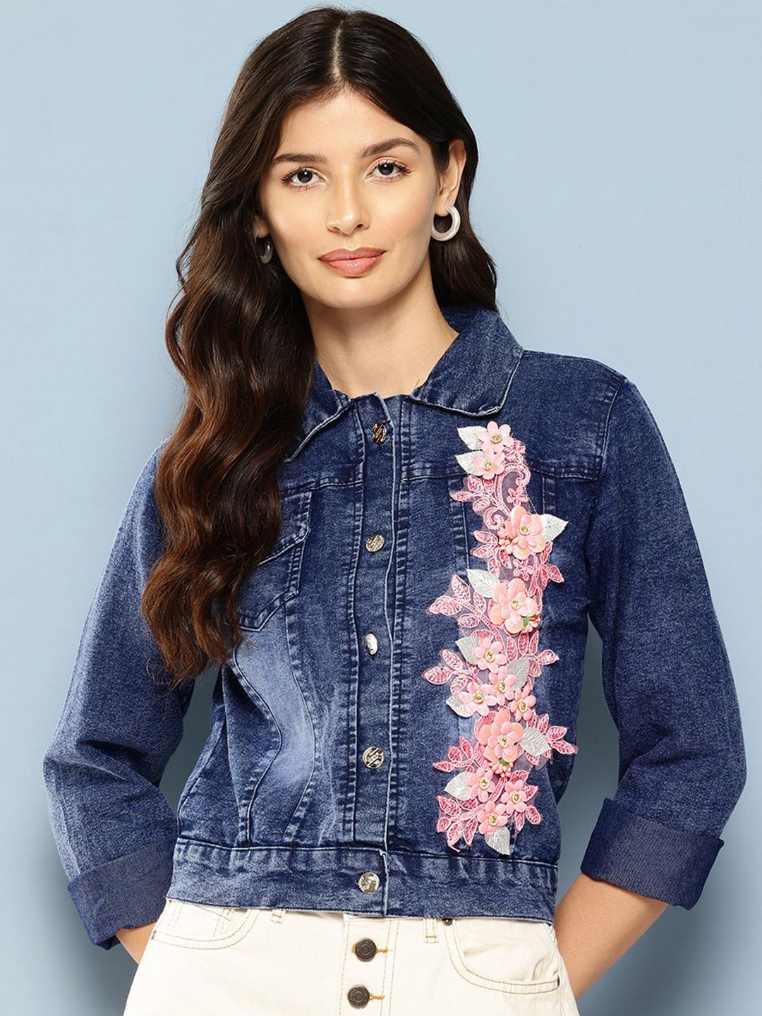 

BAESD Women Floral Cotton Lightweight Crop Tailored Jacket Embroidered, Navy blue