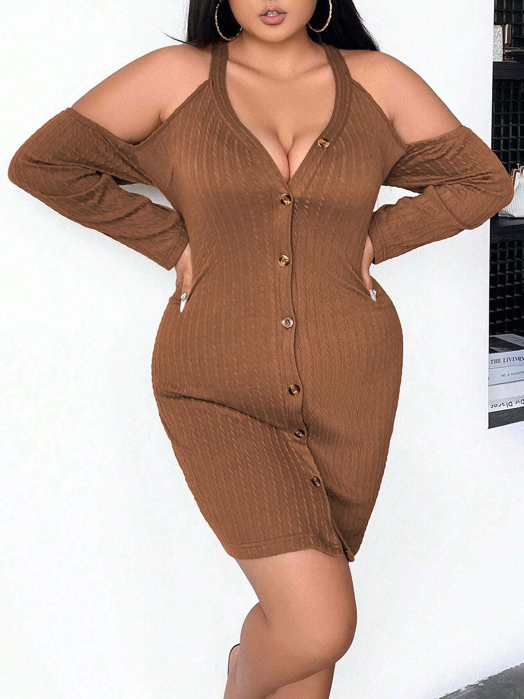 

JC Mode Women V-Neck Long Sleeves Bodycon Plus Size Mini Dress, Brown