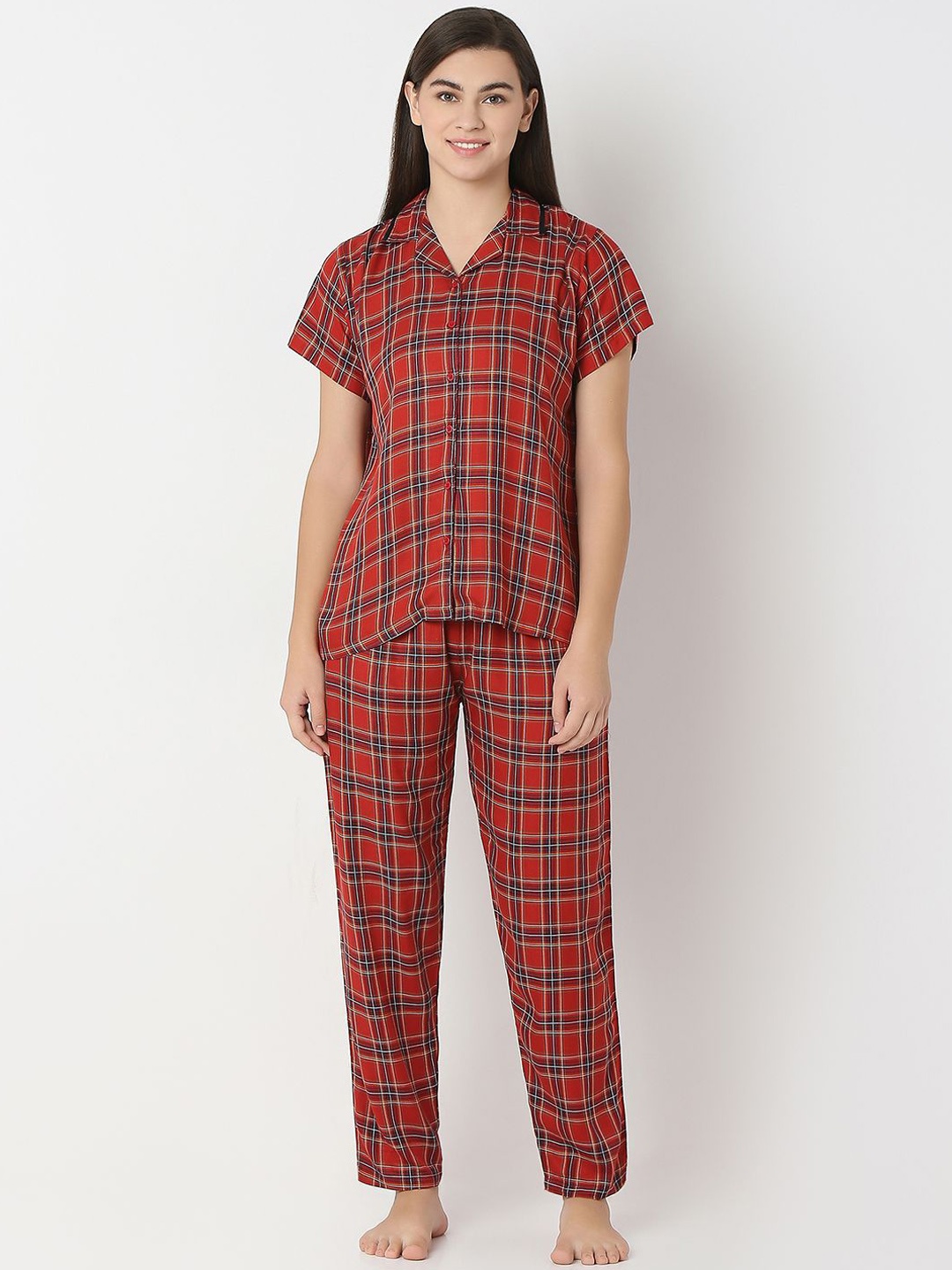 

Juliet Women Checked Pure Cotton Night suit, Red