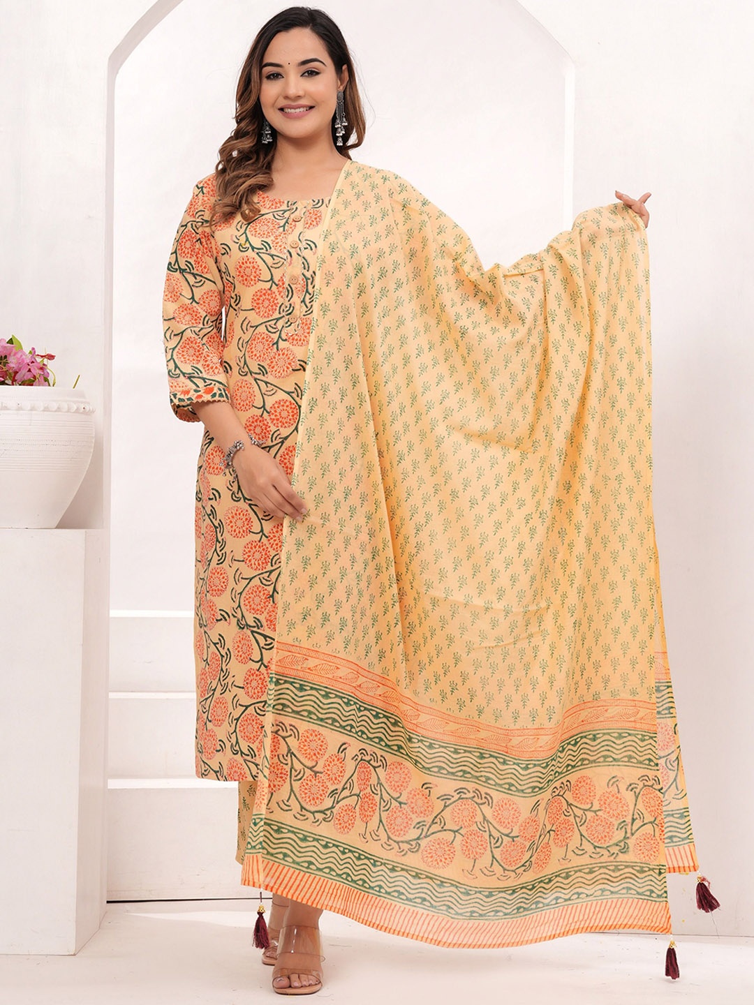 

VASUPRADA Women Floral Printed Regular Kurta with Trousers & With Dupatta, Yellow