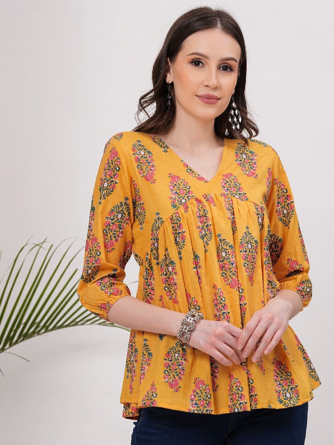 

Vilgi Floral Print Organic Cotton Peplum Top, Mustard