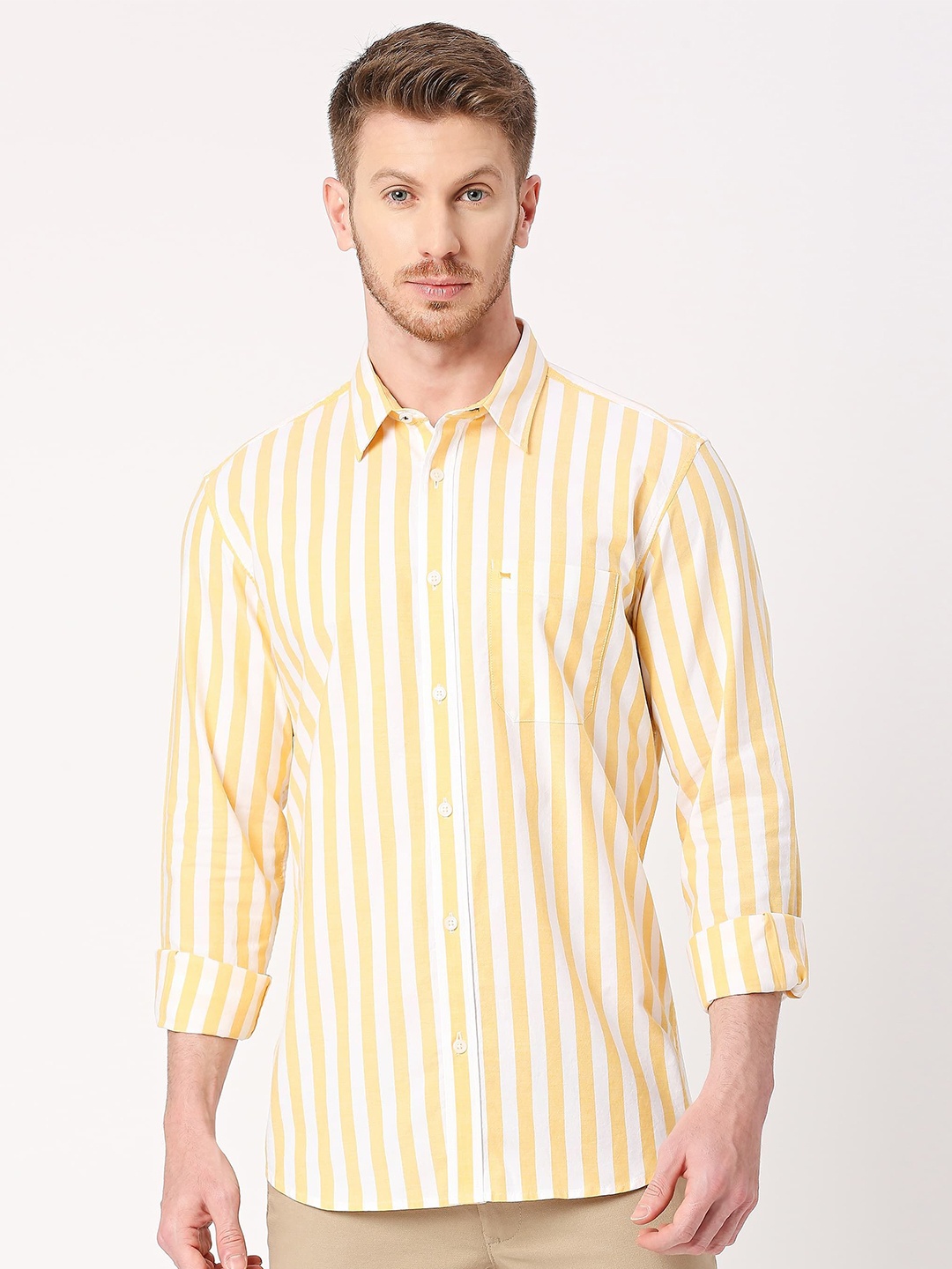 

Basics Men Slim Fit Bengal Stripes Opaque Striped Casual Shirt, Yellow
