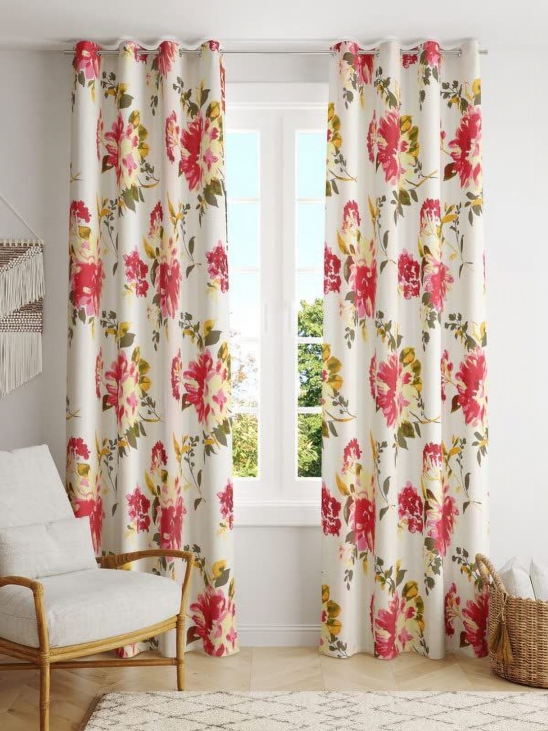 

BILBERRY Furnishing by preeti grover White & Red Set of 2 Floral Window Curtain