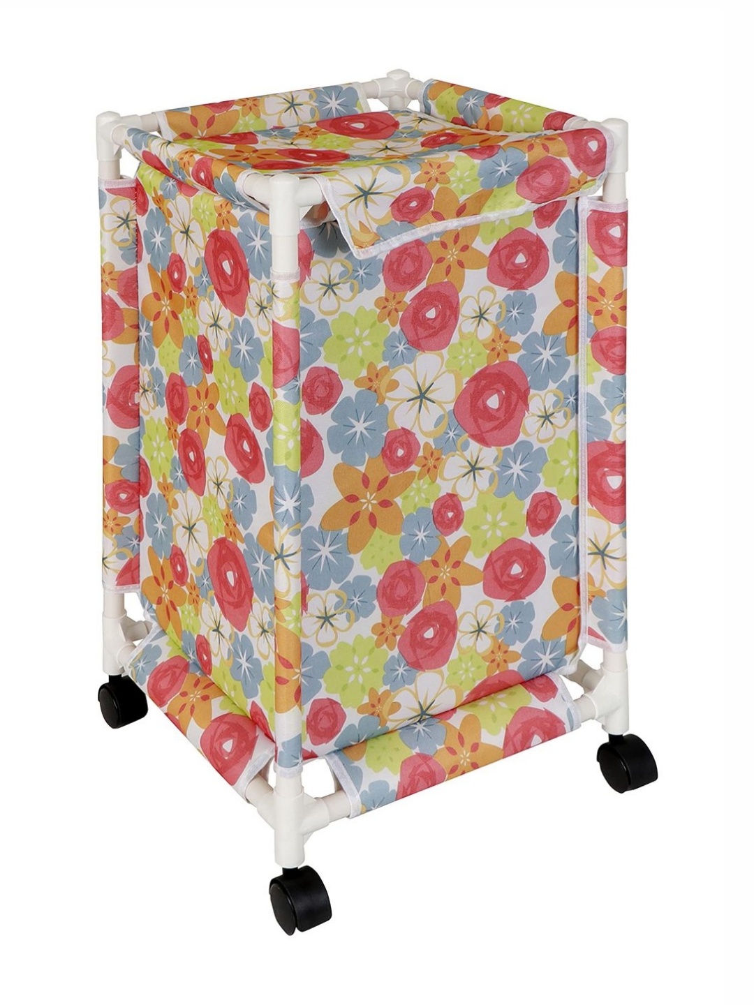 

HOKIPO White & Red Floral Printed Laundry Basket With Wheels